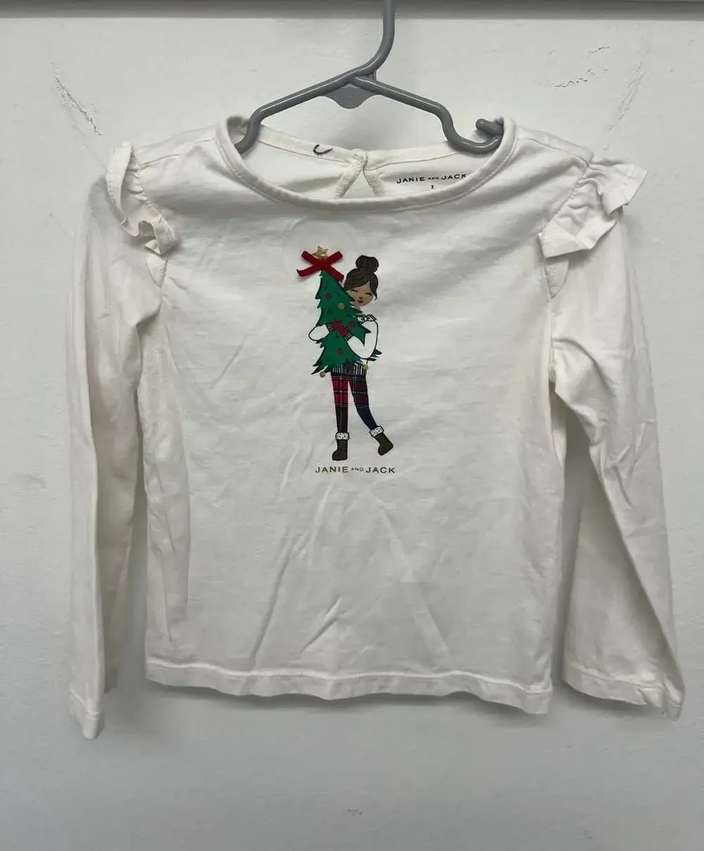 Janie and Jack Holiday Christmas Girl Graphic Ruffle Long Sleeve White Top 3
